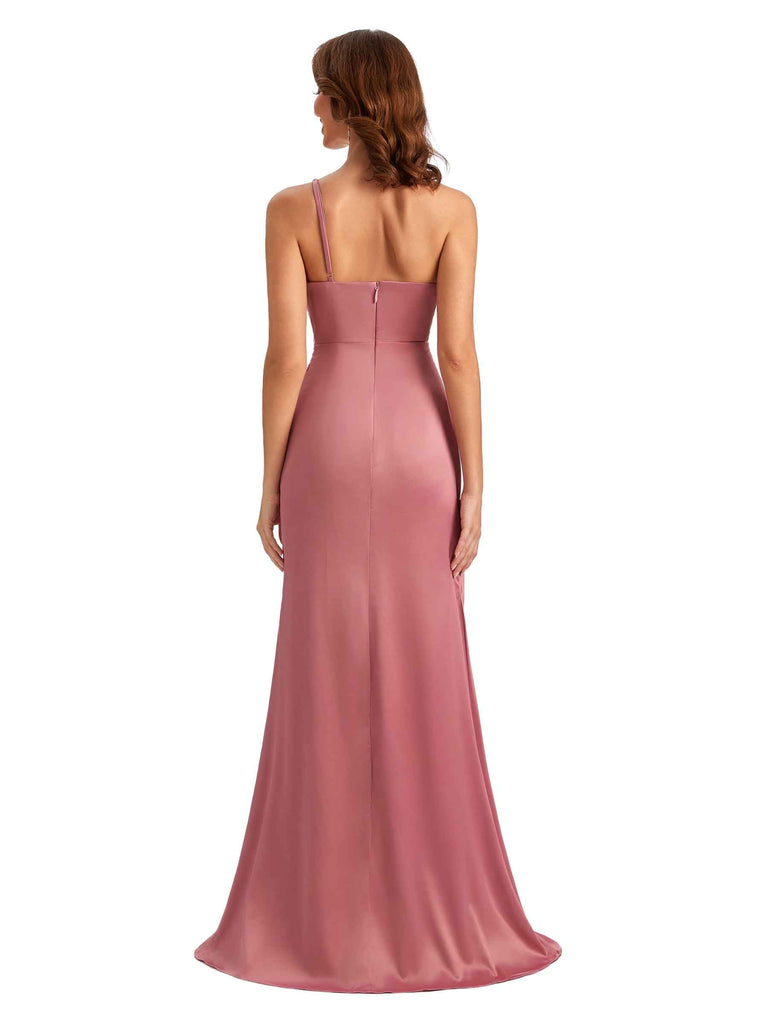 Sexy One Shoulder Side Slit Mermaid Silky Satin Maid of Honor Dresses