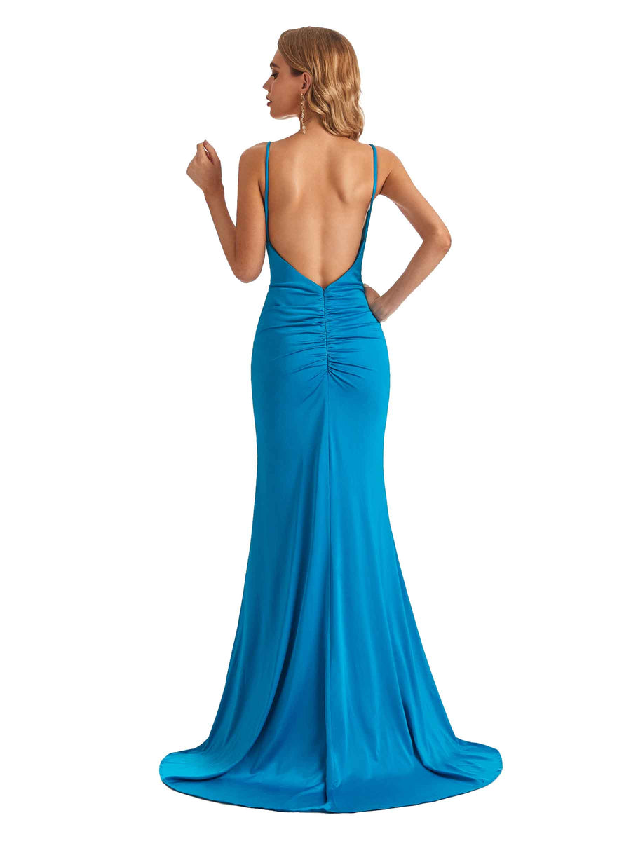 Sexy Mermaid Spaghetti Straps V-Neck Backless Side Slit Stretchy Jersey Long Formal Bridesmaid Dresses