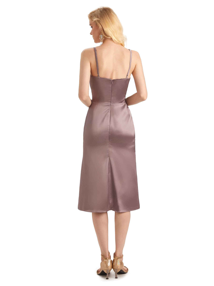 Sexy Side Slit Spaghetti Short Midi Satin Wedding Guest Dresses Online