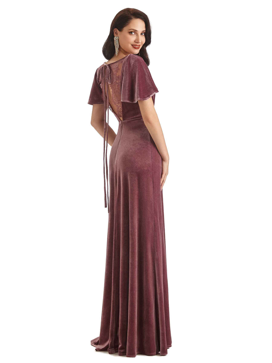 Sexy See Through V-neck Short Sleeves Velvet Long Bridesmaid Dresses Online