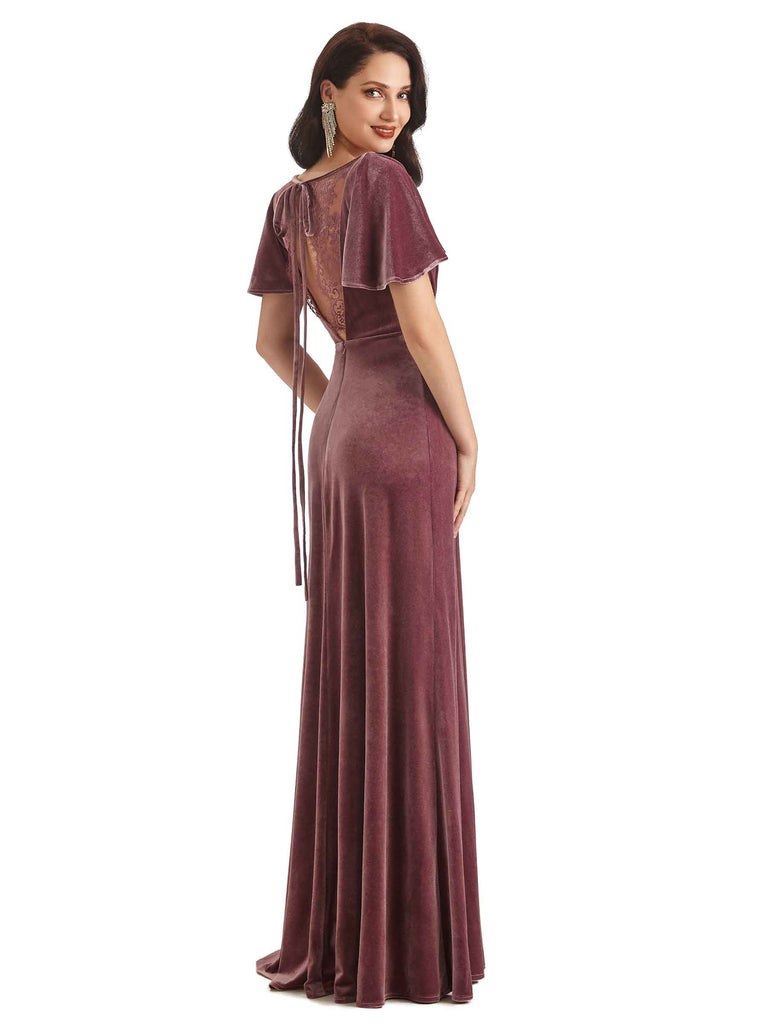 Sexy See Through V-neck Short Sleeves Velvet Long Bridesmaid Dresses Online - ChicSew Sexy See Through V-neck Short Sleeves Velvet Long Bridesmaid Dresses Online - ChicSew