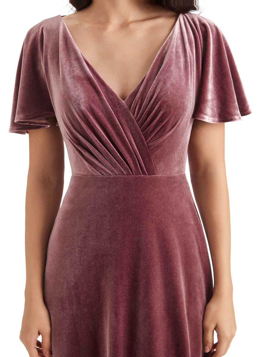 Sexy See Through V-neck Short Sleeves Velvet Long Bridesmaid Dresses Online