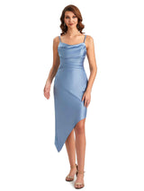 Cute Spaghetti Straps Cowl Sheath Silky Satin Chic Midi Short Formal Evening Dress