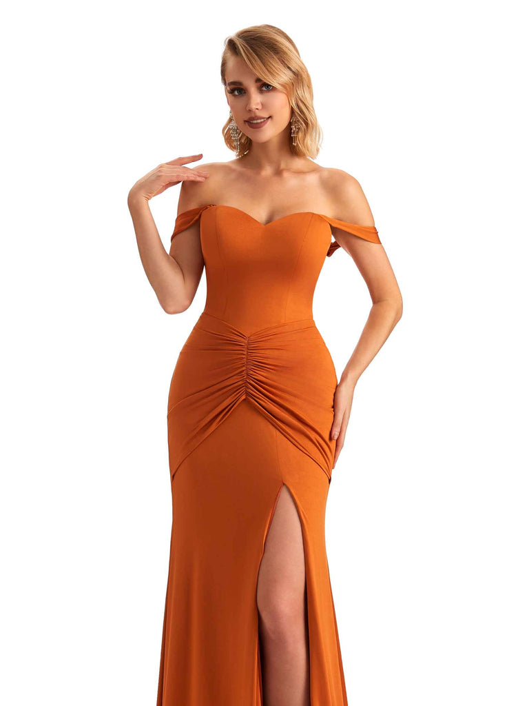 Sexy Side Slit Mermaid Off The Shoulder Stretchy Jersey Long Formal Bridesmaid Dresses
