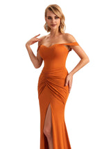 Sexy Side Slit Mermaid Off The Shoulder Stretchy Jersey Long Formal Bridesmaid Dresses