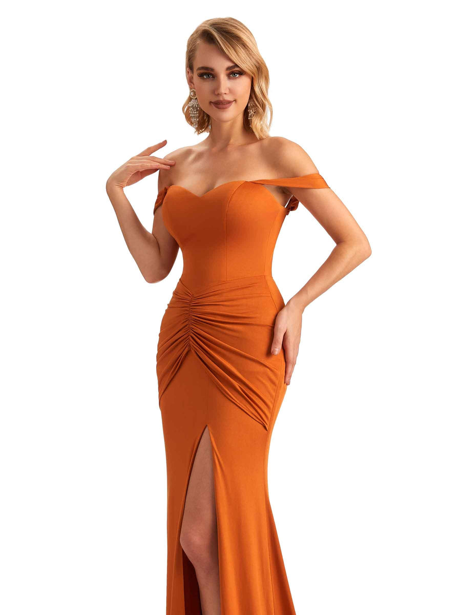 Sexy Side Slit Mermaid Off The Shoulder Stretchy Jersey Long Formal Bridesmaid Dresses