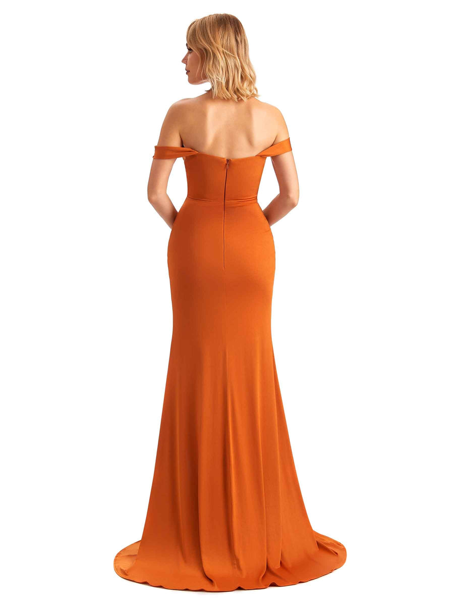 Sexy Side Slit Mermaid Off The Shoulder Stretchy Jersey Long Formal Bridesmaid Dresses