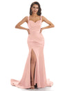 Mismatched Pearl-Pink Sexy Side Slit Mermaid Soft Satin Long Bridesmaid Dresses Online