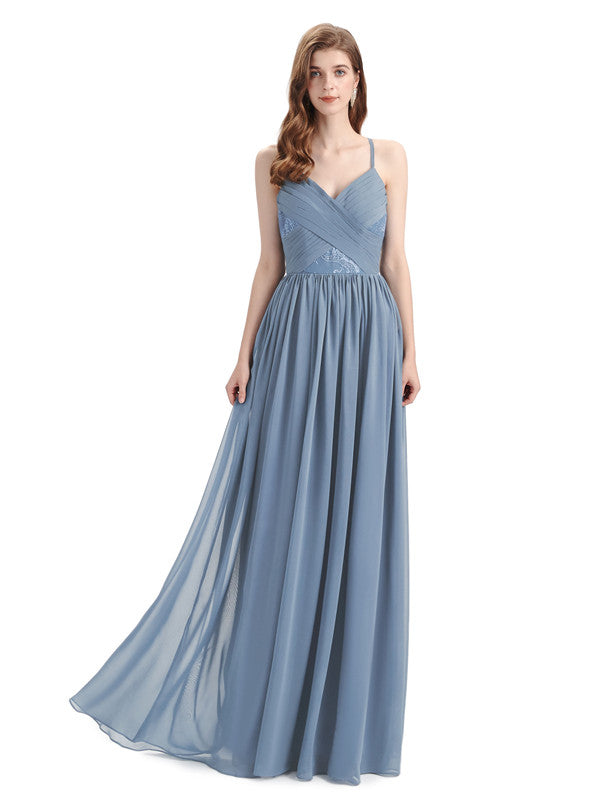Elegant Spaghetti Straps A-line Chiffion Floor-Length Bridesmaid Dresses