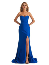 Sexy Mermaid Sweetheart V-Neck Side Slit Stretchy Jersey Long Formal Bridesmaid Dresses
