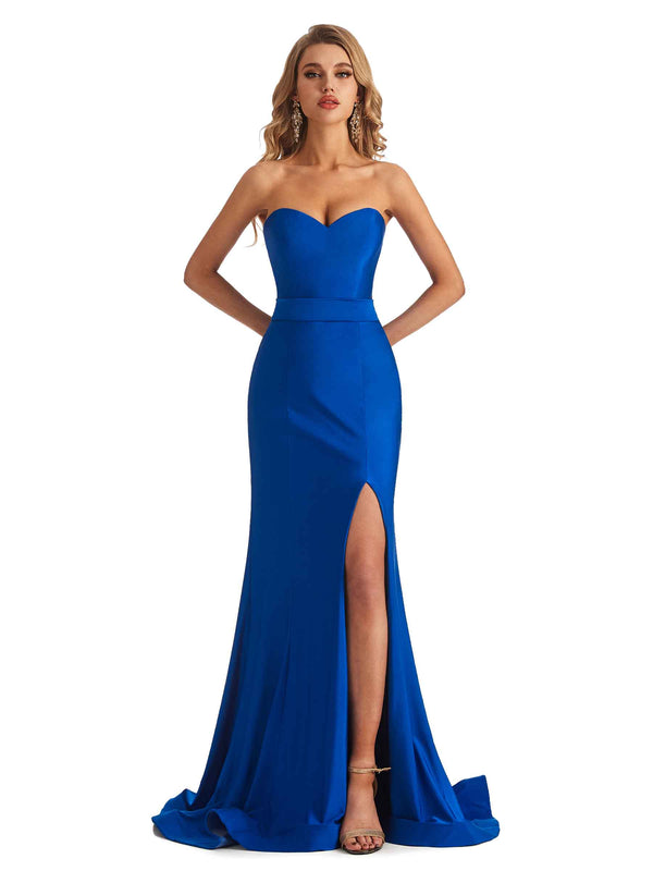 Sexy Mermaid Sweetheart V-Neck Side Slit Stretchy Jersey Long Formal Bridesmaid Dresses