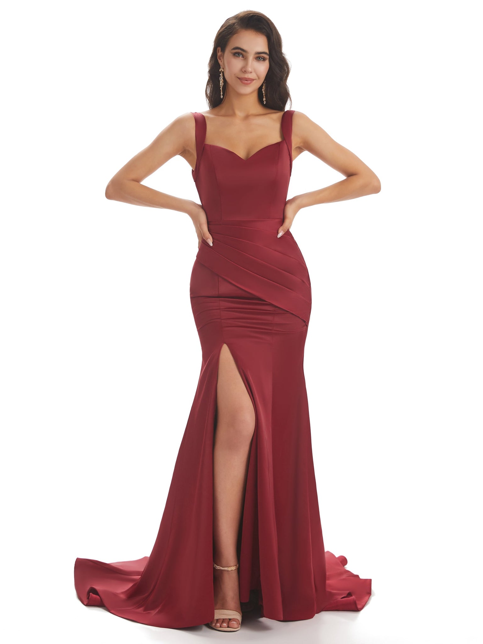 Sexy Side Slit Square Long Mermaid Wedding Satin Maid of Honor Dresses