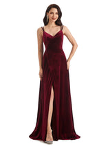 Sexy Open Back Side Slit Spaghetti Straps Velvet Long Bridesmaid Dresses Online