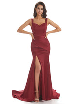 Sexy Unique Satin Side Slit Straps Square Maxi Long Mermaid Prom Dresses Online