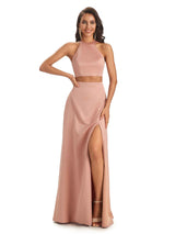 Soft Satin Two Piece Halter Side Slit Sexy Long Good Wedding Guest Dresses