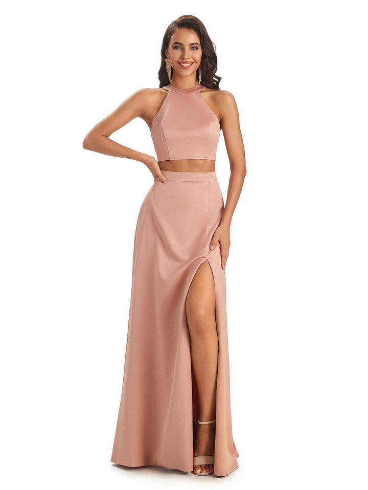 Soft Satin Two Piece Halter Side Slit Sexy Long Good Wedding Guest Dresses