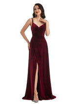 Sexy Open Back Side Slit Spaghetti Straps Velvet Long Bridesmaid Dresses Online