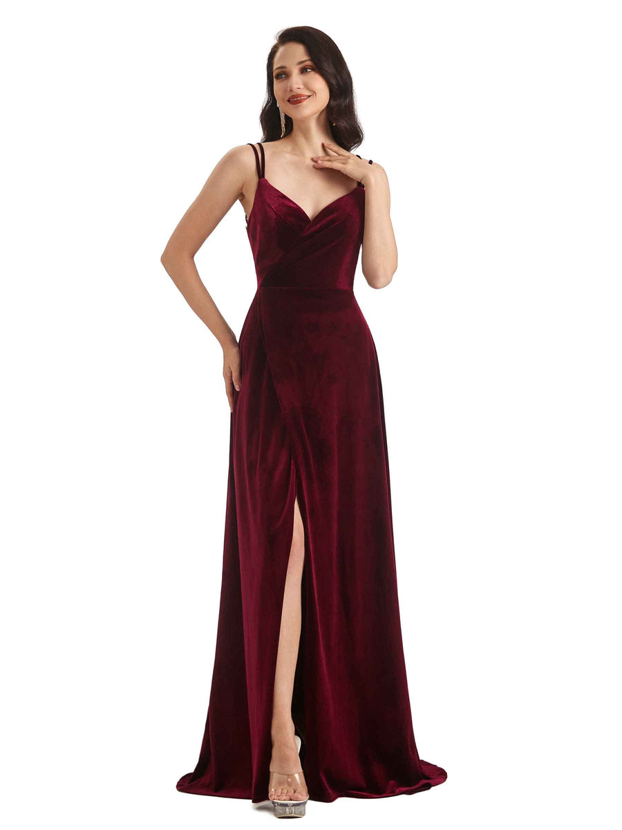 Sexy Open Back Side Slit Spaghetti Straps Velvet Long Bridesmaid Dresses Online
