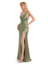 Sexy Soft Satin Side Slit V-neck Long Mermaid Maid Of Honour Dresses Online