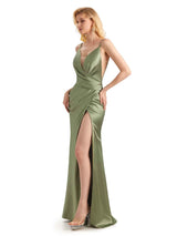 Sexy Soft Satin Side Slit V-neck Long Mermaid Formal Prom Dresses Online