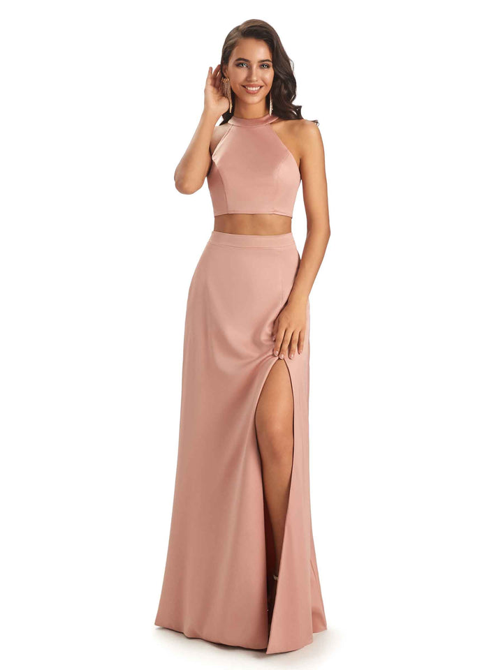 Soft Satin Two Piece Halter Side Slit Sexy Long Good Wedding Guest Dresses