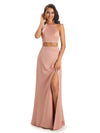 Soft Satin Two-Pieces Halter Side Slit Sexy Long Good Wedding Guest Dresses