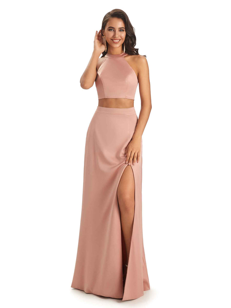 Soft Satin Two-Pieces Halter Side Slit Sexy Long Good Wedding Guest Dresses