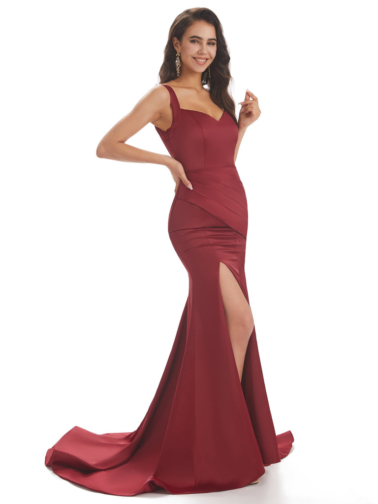 Sexy Unique Satin Side Slit Straps Square Maxi Long Mermaid Prom Dresses Online