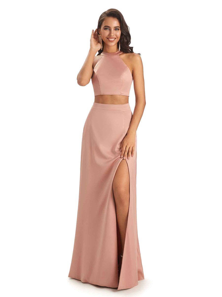 Soft Satin Two-Pieces Halter Side Slit Sexy Fashion Bridesmaid Dresses Online