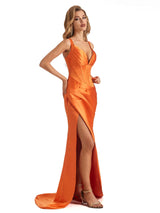 Sexy Side Slit Soft Satin Unique Spaghetti Straps V-Neck Long Mermaid Bridesmaid Dresses