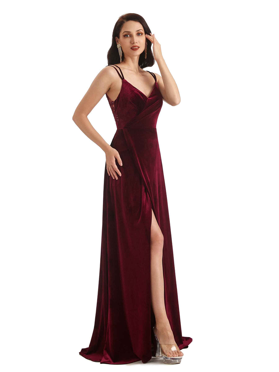 Sexy Open Back Side Slit Spaghetti Straps Velvet Long Bridesmaid Dresses Online