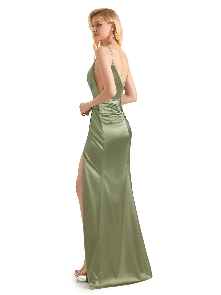 Sexy Soft Satin Side Slit V-neck Long Mermaid Maid Of Honour Dresses Online