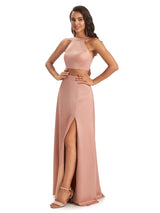 Soft Satin Two Piece Halter Side Slit Sexy Long Good Wedding Guest Dresses
