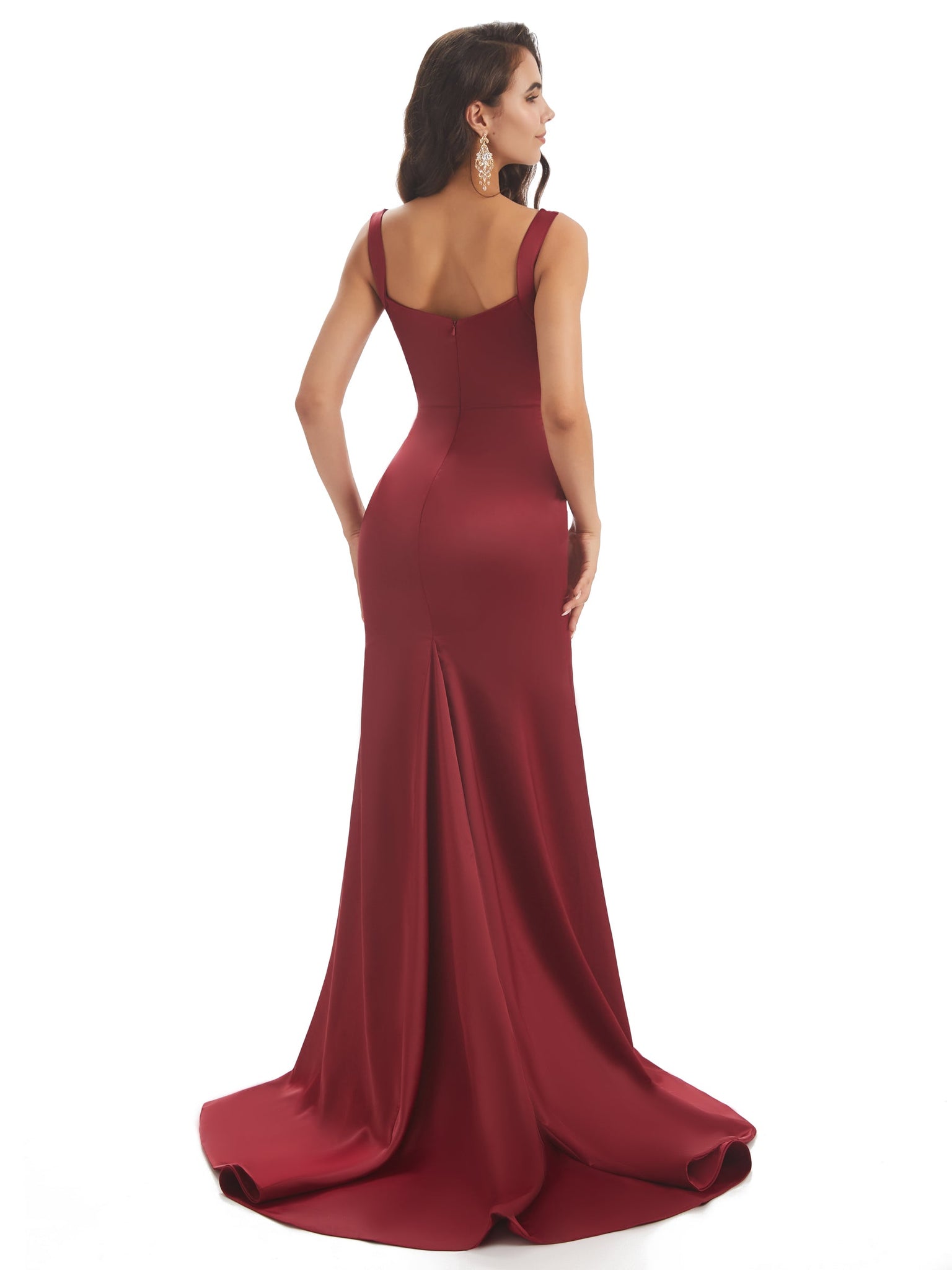 Sexy Side Slit Square Long Mermaid Wedding Satin Maid of Honor Dresses