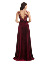 Sexy Open Back Side Slit Spaghetti Straps Velvet Long Bridesmaid Dresses Online