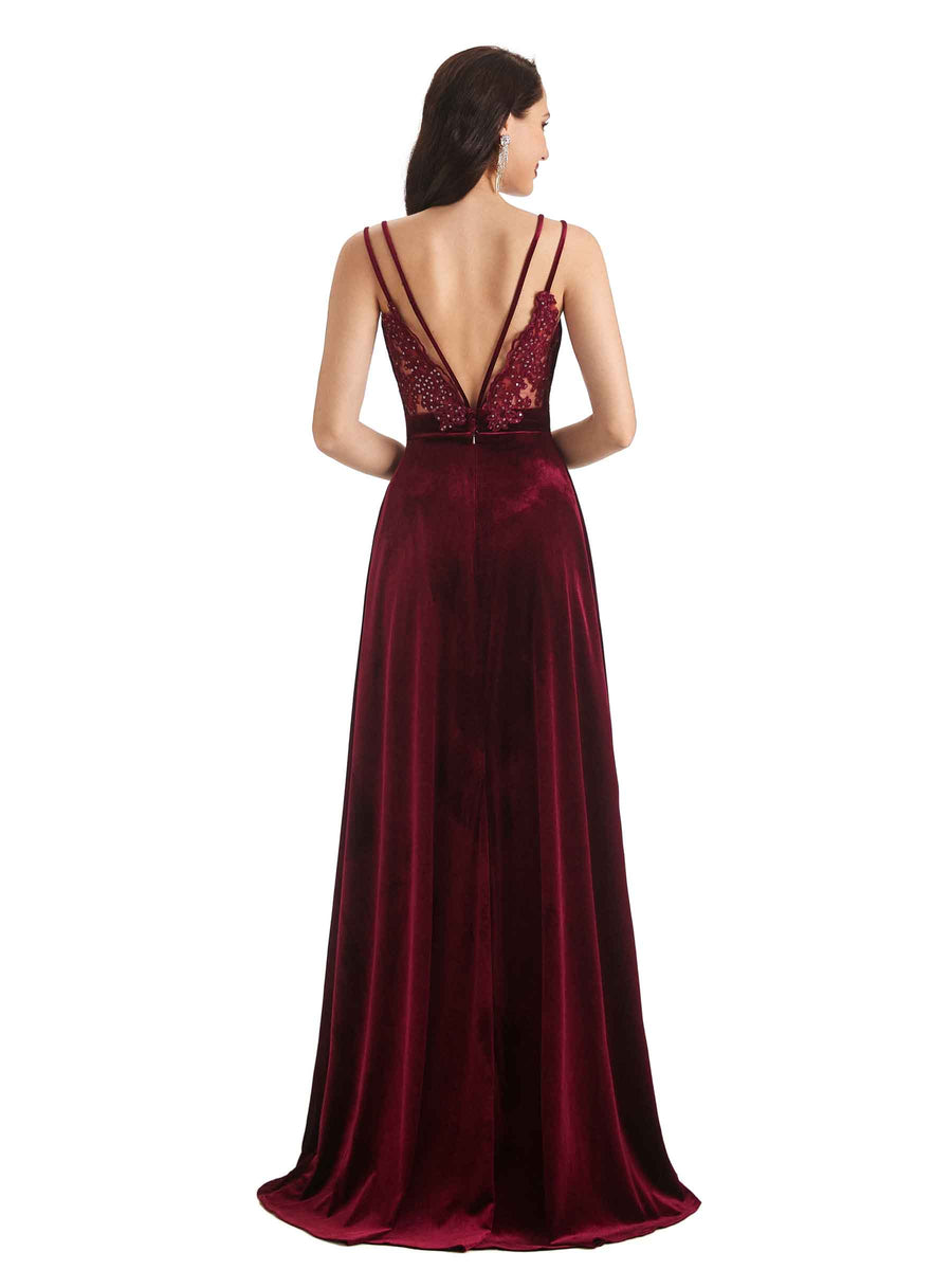 Sexy Open Back Side Slit Spaghetti Straps Velvet Long Bridesmaid Dresses Online