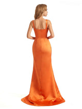 Sexy Side Slit Soft Satin Unique Spaghetti Straps V-Neck Long Mermaid Bridesmaid Dresses