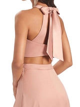 Soft Satin Two Piece Halter Side Slit Sexy Long Good Wedding Guest Dresses
