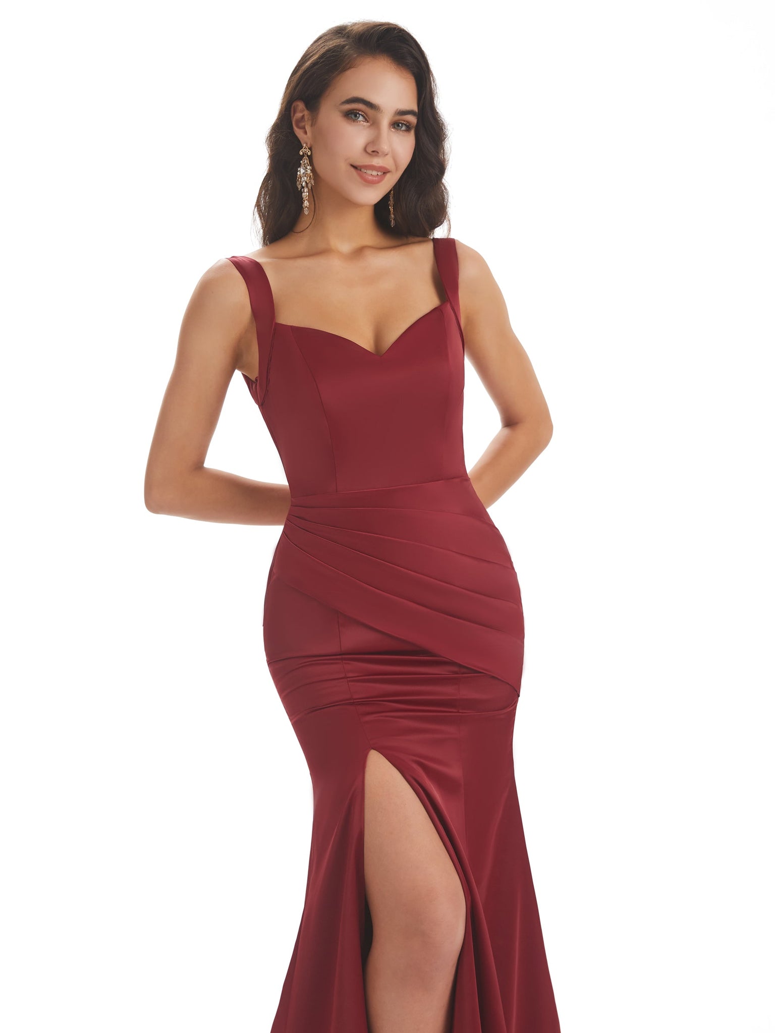 Sexy Side Slit Square Long Mermaid Wedding Satin Maid of Honor Dresses
