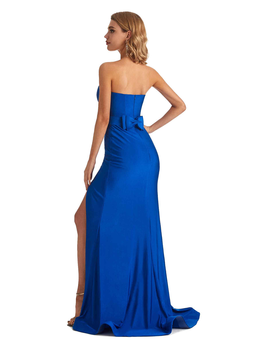 Sexy Mermaid Sweetheart V-Neck Side Slit Stretchy Jersey Long Formal Bridesmaid Dresses