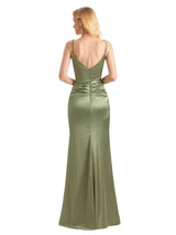 Sexy Soft Satin Side Slit V-neck Long Mermaid Maid Of Honour Dresses Online