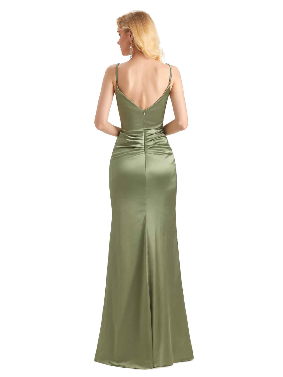 Sexy Soft Satin Side Slit V-neck Long Mermaid Maid Of Honour Dresses Online