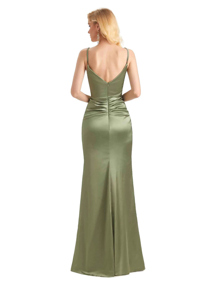 Sexy Soft Satin Side Slit V-neck Long Mermaid Formal Prom Dresses Online