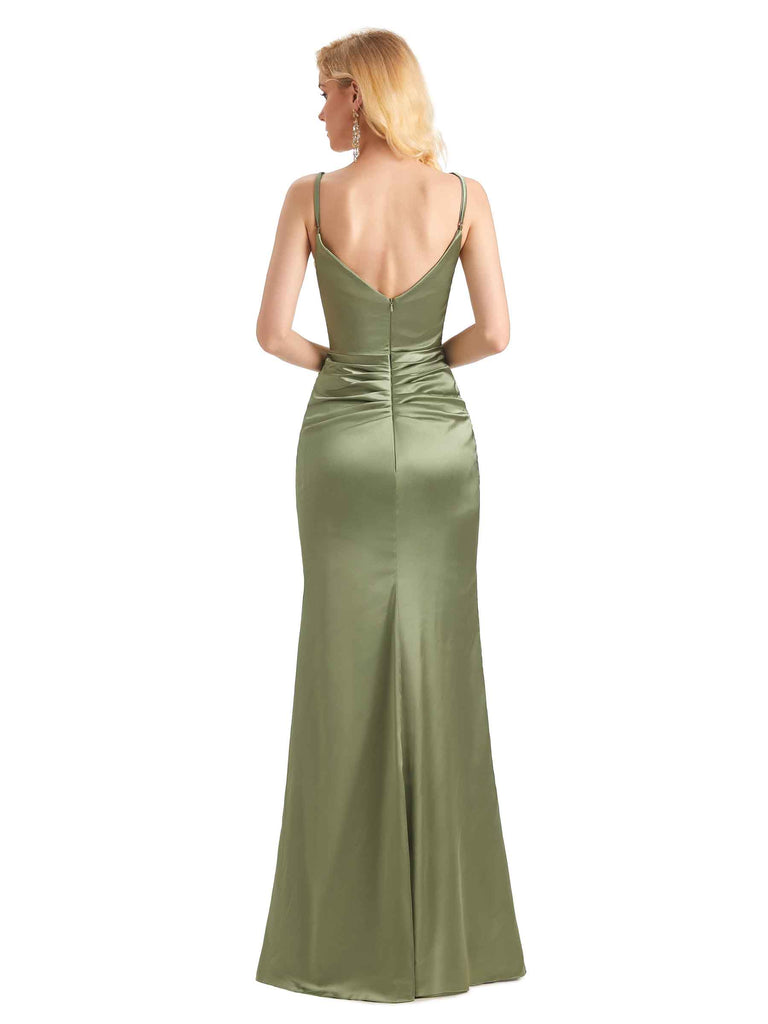 Sexy Soft Satin Side Slit V-neck Long Mermaid Maid Of Honor Dresses Online