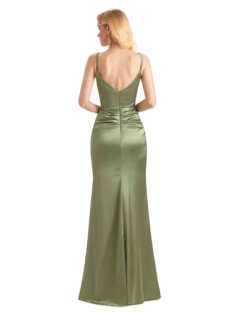 Sexy Soft Satin Side Slit V-neck Long Mermaid Formal Prom Dresses Online