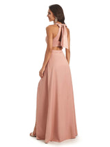 Soft Satin Two Piece Halter Side Slit Sexy Long Good Wedding Guest Dresses