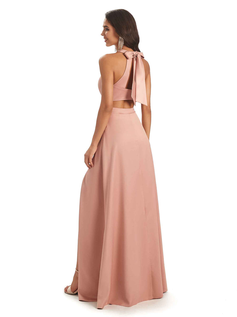 Soft Satin Two-Pieces Halter Side Slit Sexy Fashion Bridesmaid Dresses Online