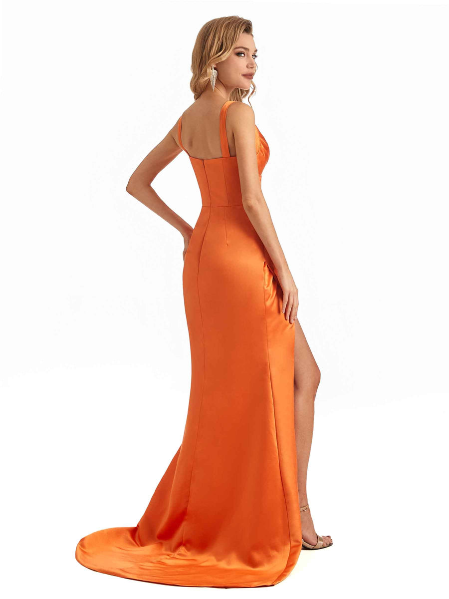 Sexy Side Slit Soft Satin Unique Spaghetti Straps V-Neck Long Mermaid Bridesmaid Dresses