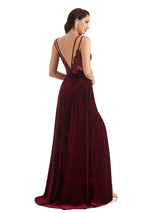 Sexy Open Back Side Slit Spaghetti Straps Velvet Long Bridesmaid Dresses Online