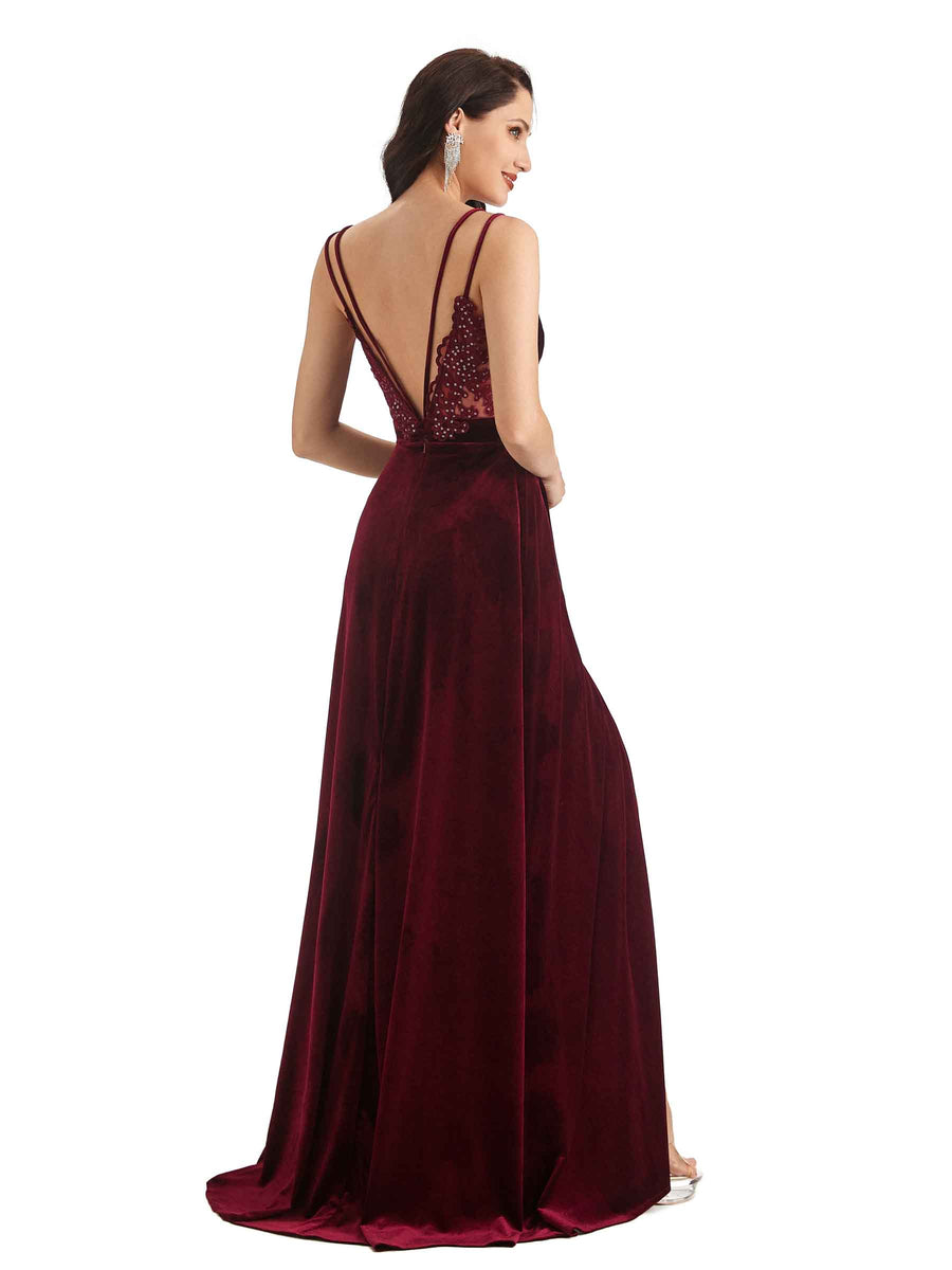 Sexy Open Back Side Slit Spaghetti Straps Velvet Long Bridesmaid Dresses Online